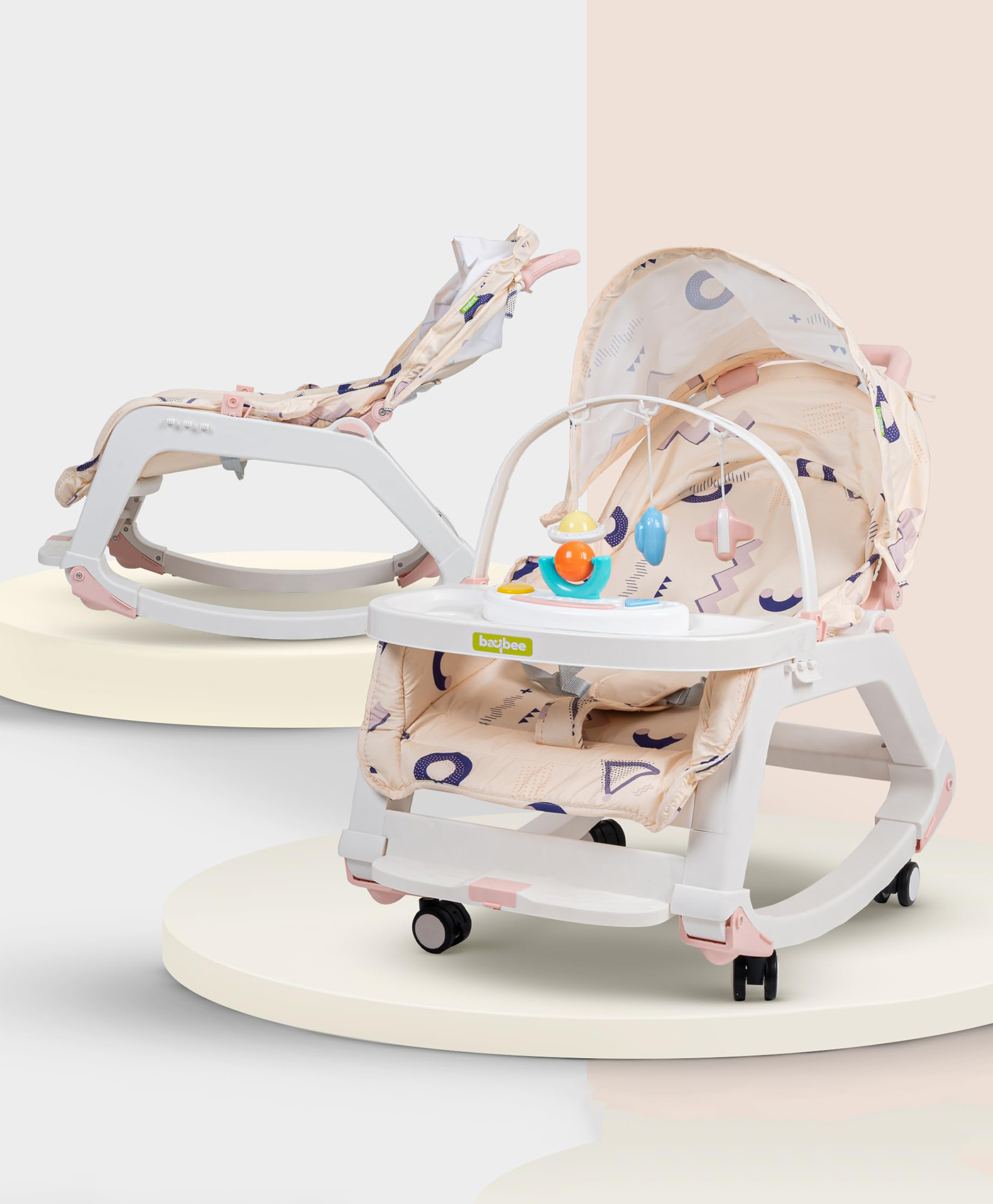 Baybee 5 in 1 Baby Rocking Chair for Kids with Hanging Toys Baby Dining Booster Seat with Multi Position Recline Music Wheels & Food Tray Rocker Chair for Babies (Pink)