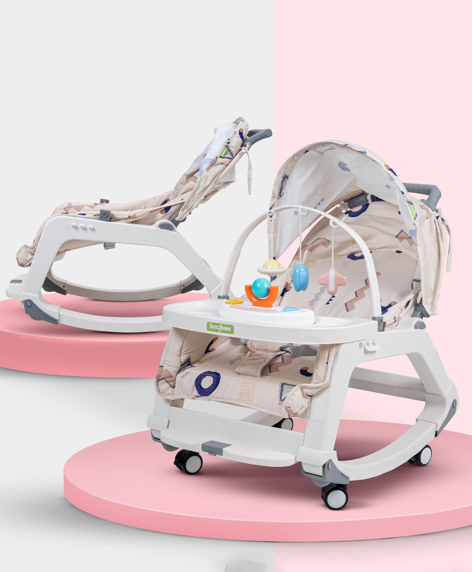 Baybee 5 in 1 Baby Rocking Chair for Kids with Hanging Toys Baby Dining Booster Seat with Multi Position Recline Music Wheels & Food Tray Rocker Chair for Babies (Grey)