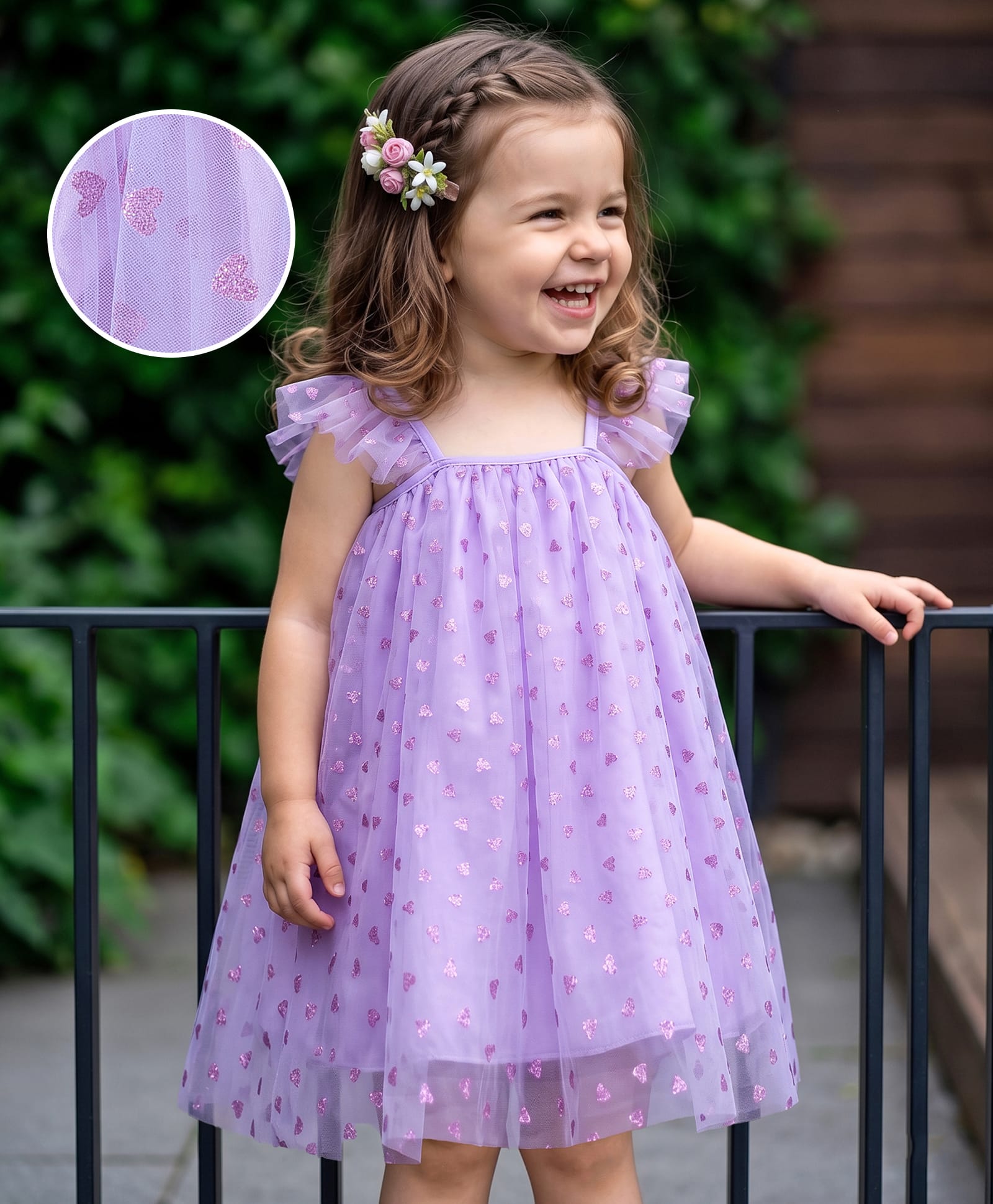 Kookie Kids Singlet Sleeves Frock With Heart Foil Print - Purple-picture-35