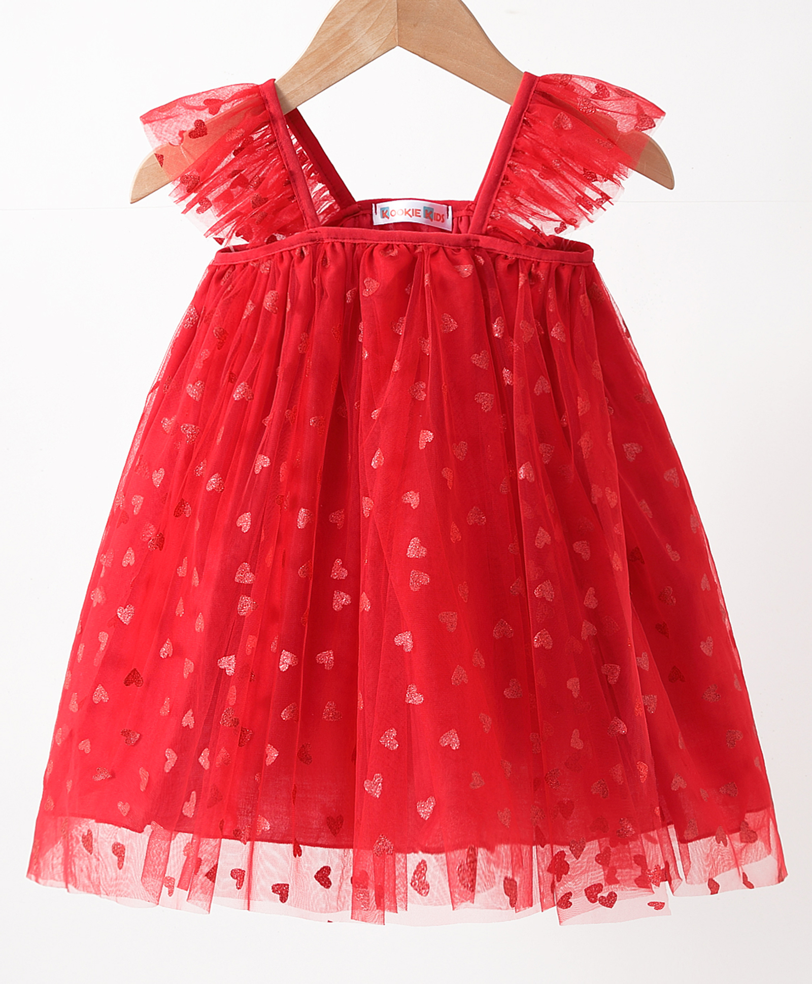 Kookie Kids Singlet Sleeves Frock With Heart Print -Red-picture-37