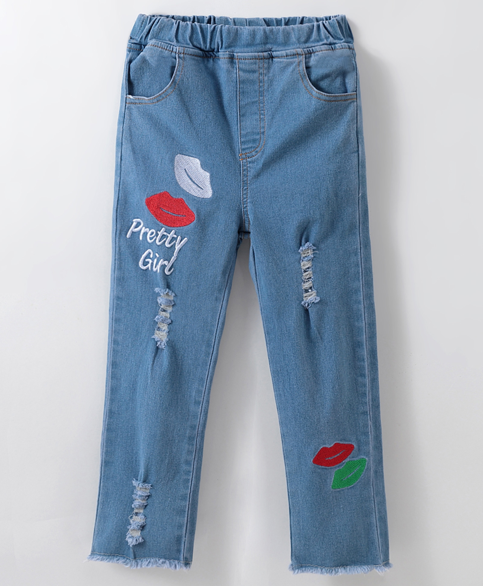 Kookie Kids Denim Full Length Washed Jeans With Text Embroidered - Blue-picture-14