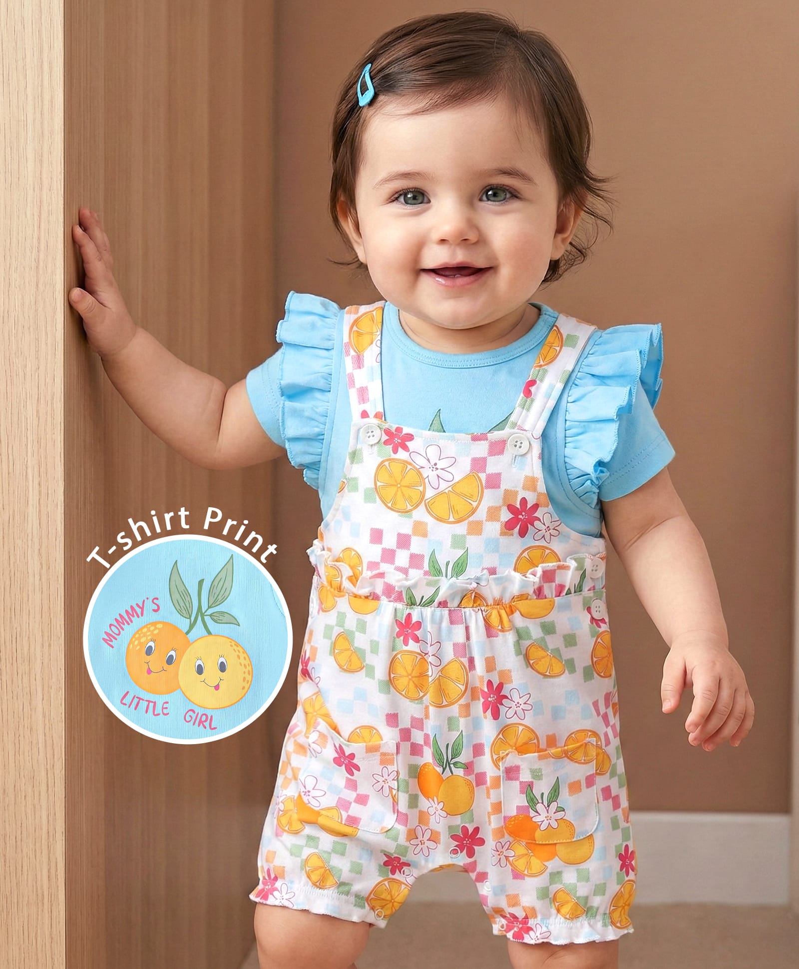 Babyoye Eco Conscious 100% Cotton Interlock with Eco Jiva Finish Dungaree With Frill Sleeves T-Shirt Floral Print - White & Blue-picture-18