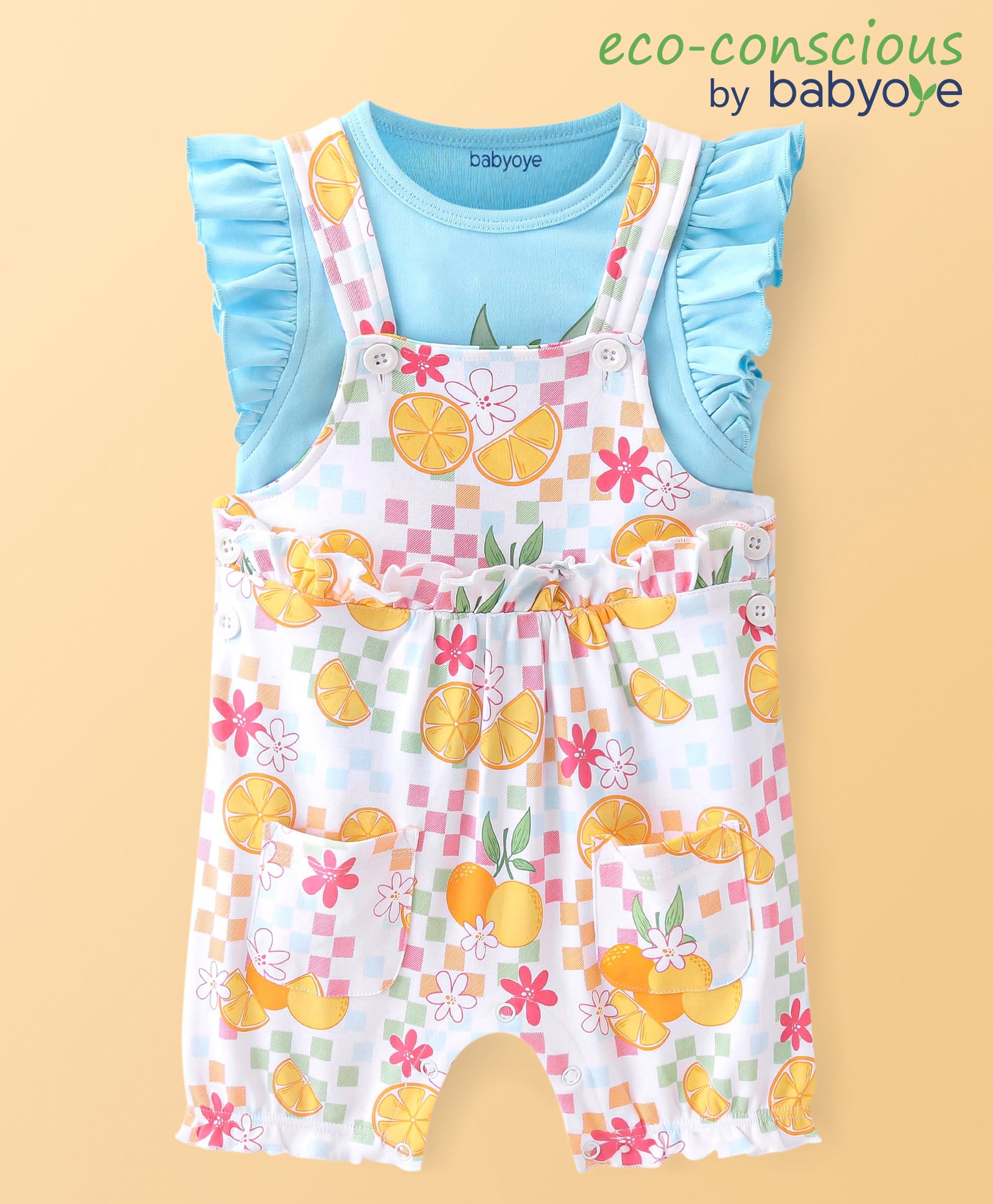 Babyoye Eco Conscious 100% Cotton Interlock with Eco Jiva Finish Dungaree With Frill Sleeves T-Shirt Floral Print - White & Blue-picture-21