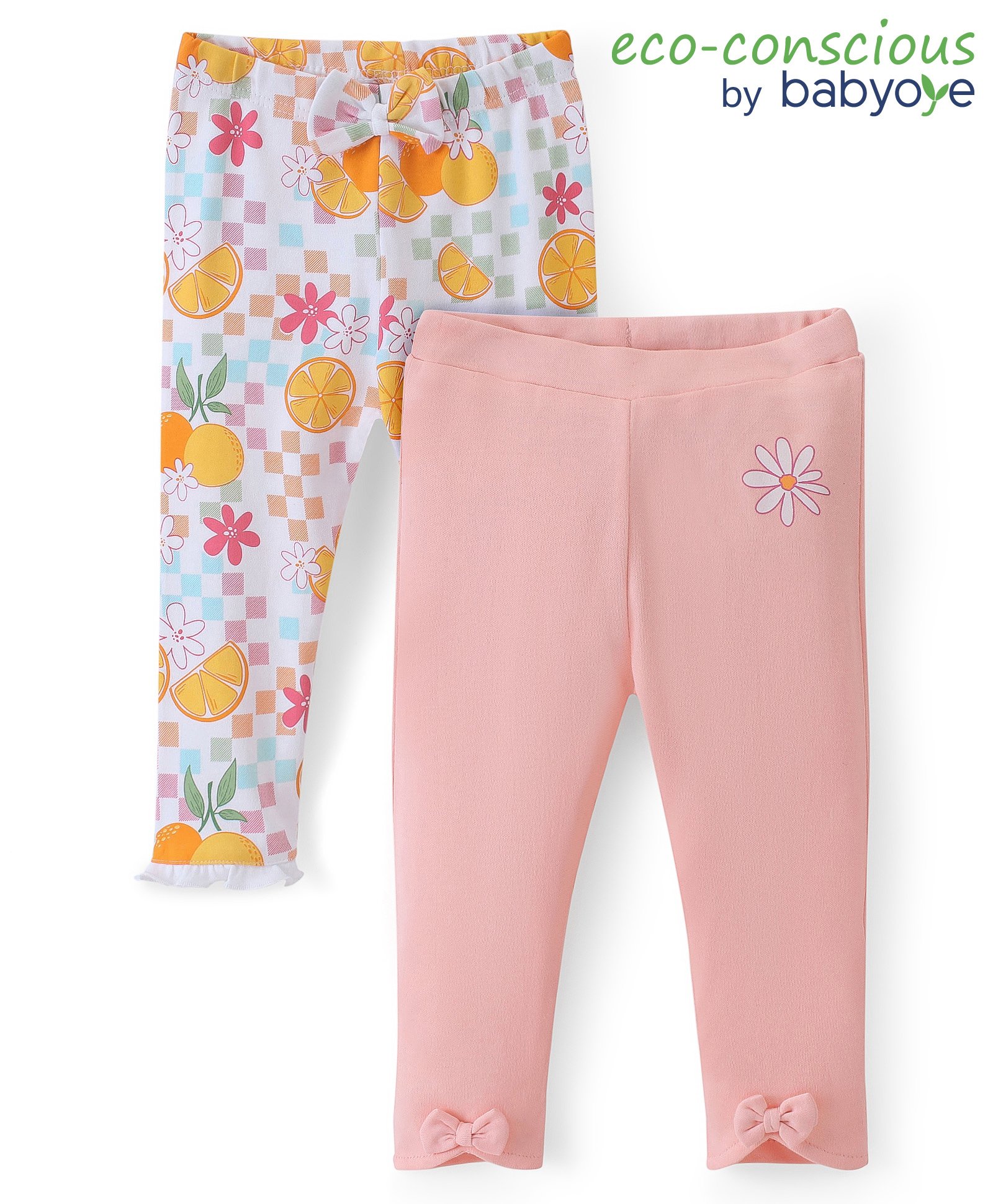 Babyoye Eco Conscious 100% Cotton Interlock With Eco Jiva Finish Leggings Floral Print Pack Of 2 -  Pink & White-picture-22