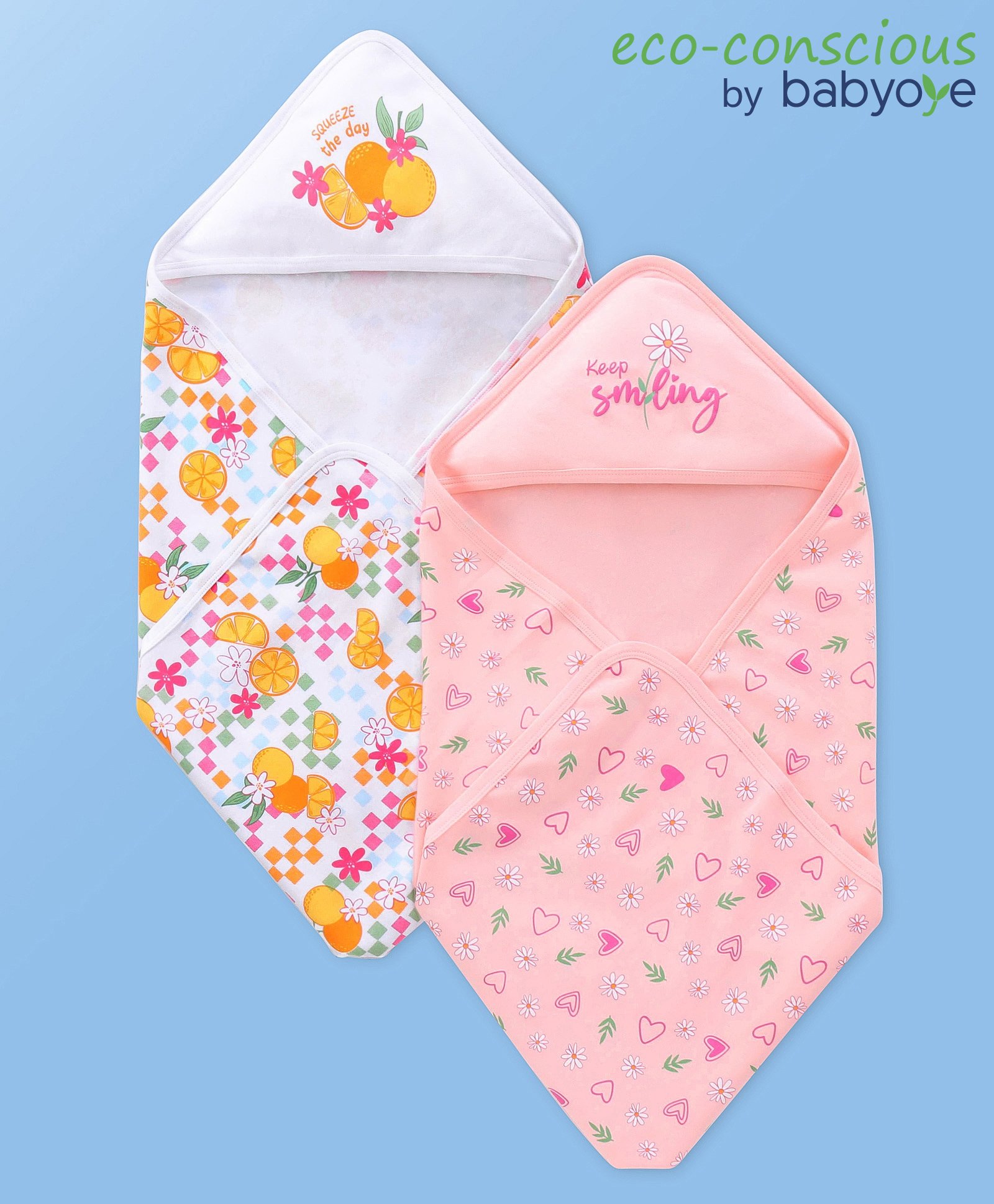 Babyoye 100% Cotton Interlock Printed Hooded Towel Pack of 2  L 82 X B 82 cm - Pink & White-picture-14
