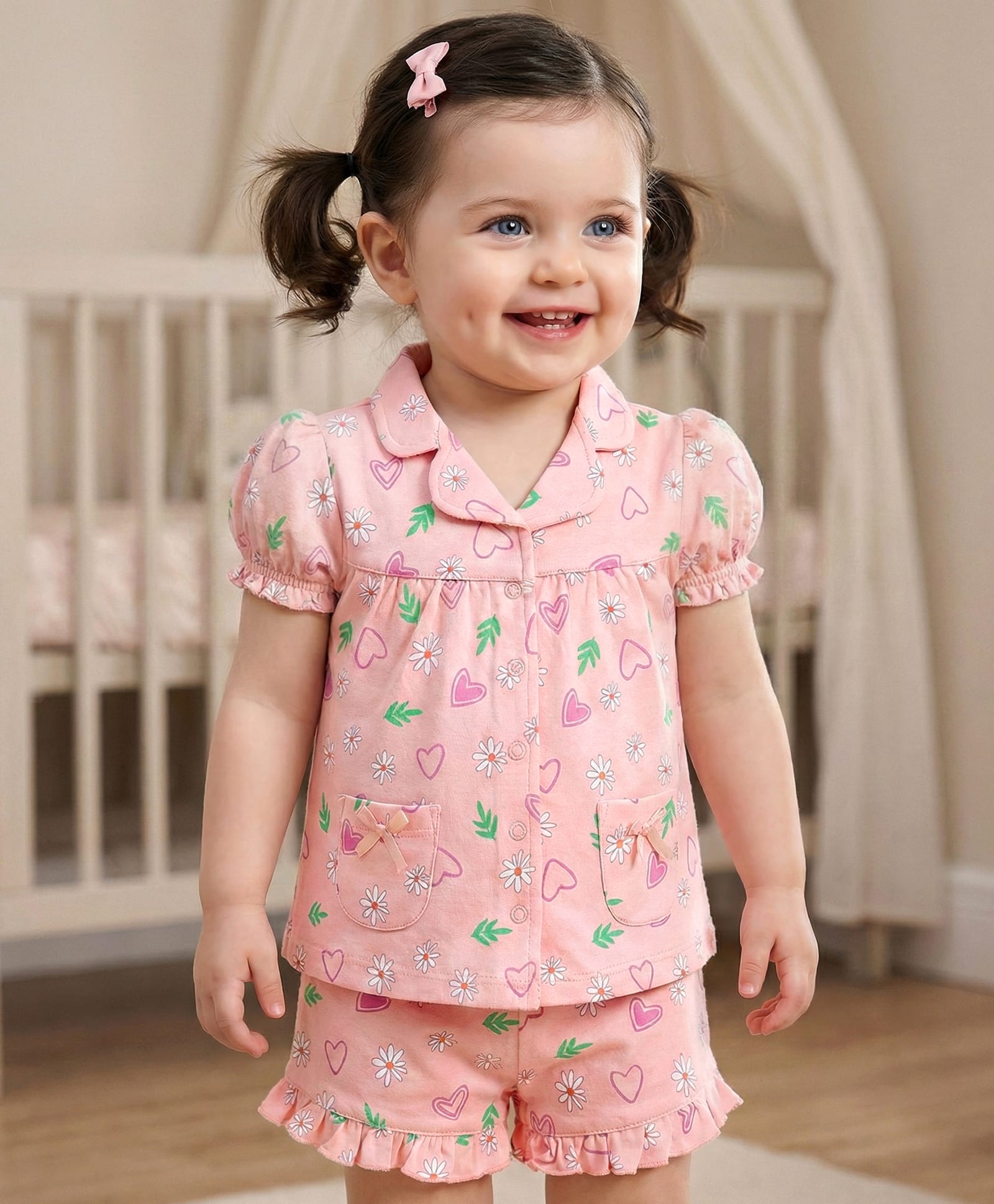 Babyoye Cotton Knit Eco Conscious Half Sleeves Night Suits Floral Print- Pink