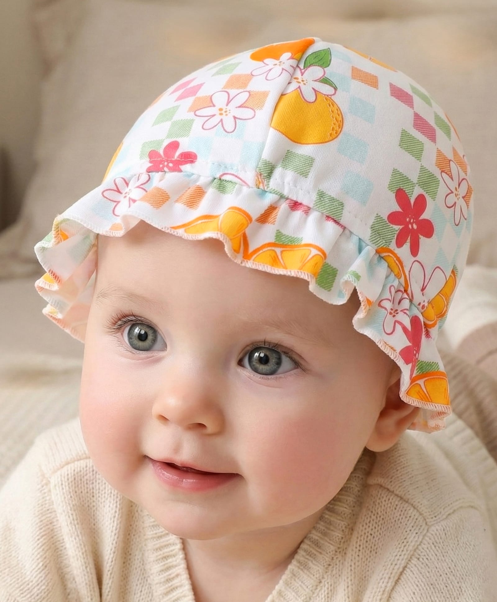 Babyoye Eco Conscious Interlock  100% Cotton Knit Cap with Eco Jiva Finish Cap Orange & Floral Print - White-image-9