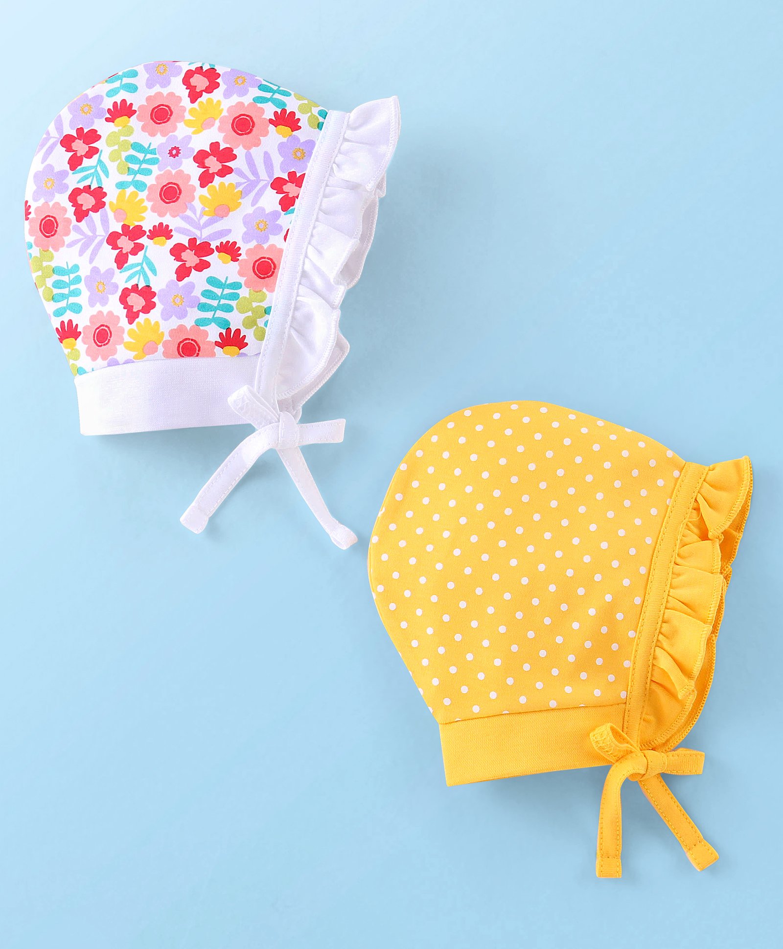 Babyhug 100% Cotton Caps Floral Print Pack of 2 - White & Yellow-image-34