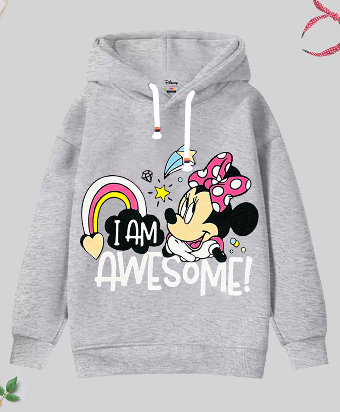 KUCHIPOO Disney Featuring Full Sleeves Minnie Printed Cotton Fleece Winter Wear Hoodie - Grey-picture-10