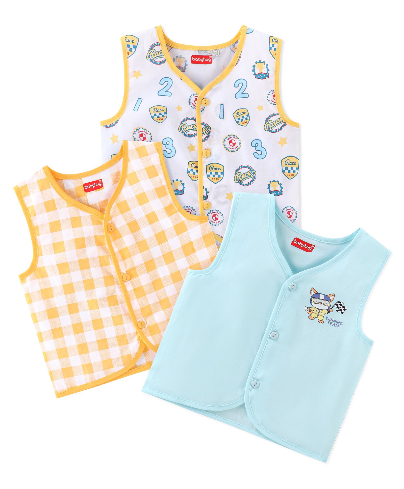 Babyhug 100% Cotton Poplin Woven Sleeveless Jhabla Checks & Badge Print Pack Of 3 - Multicolor-image-35