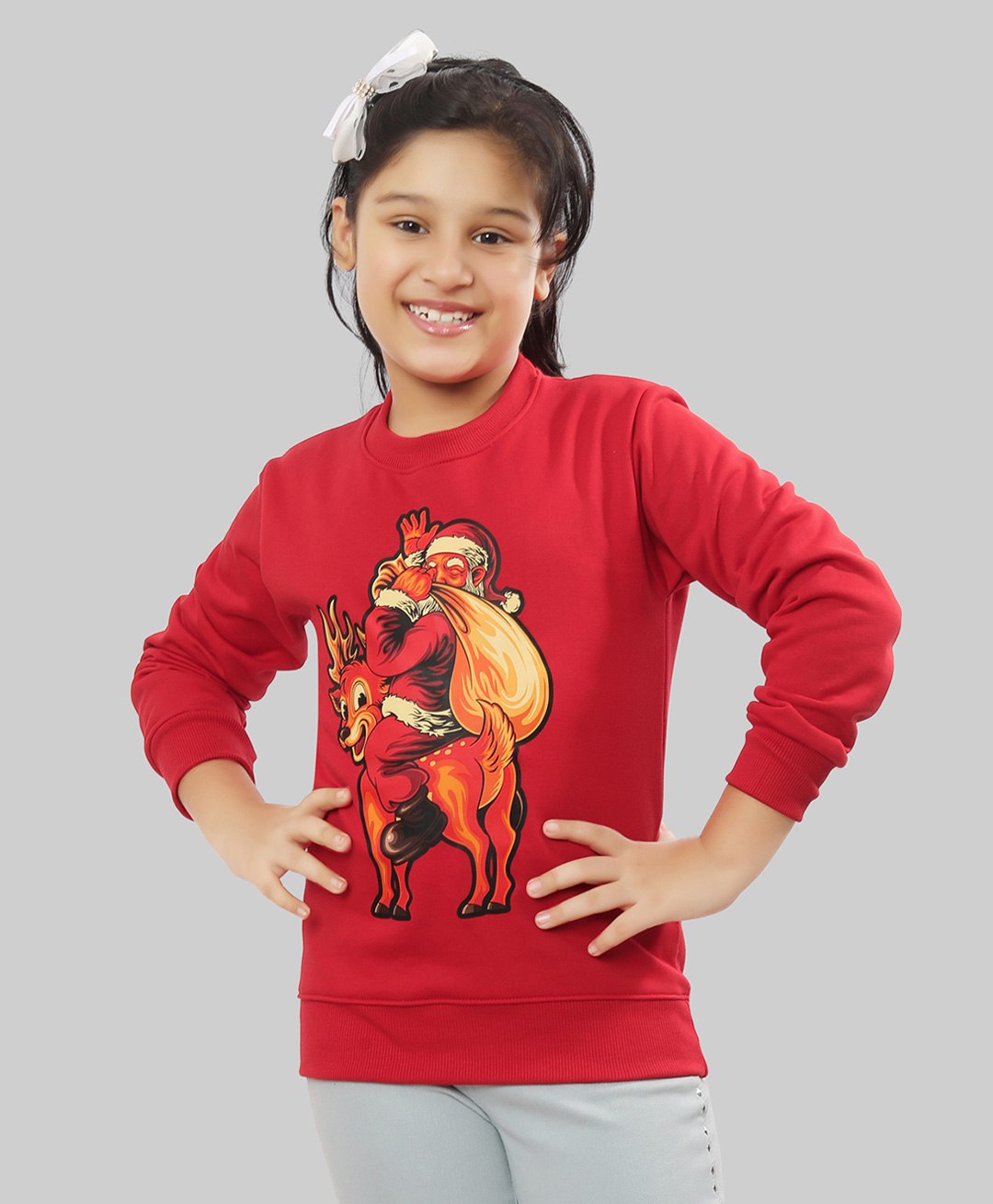 Ninos Dreams Christmas Theme Full Sleeves Santa On Reindeer Printed Fleece Sweatshirt - Red-image-8
