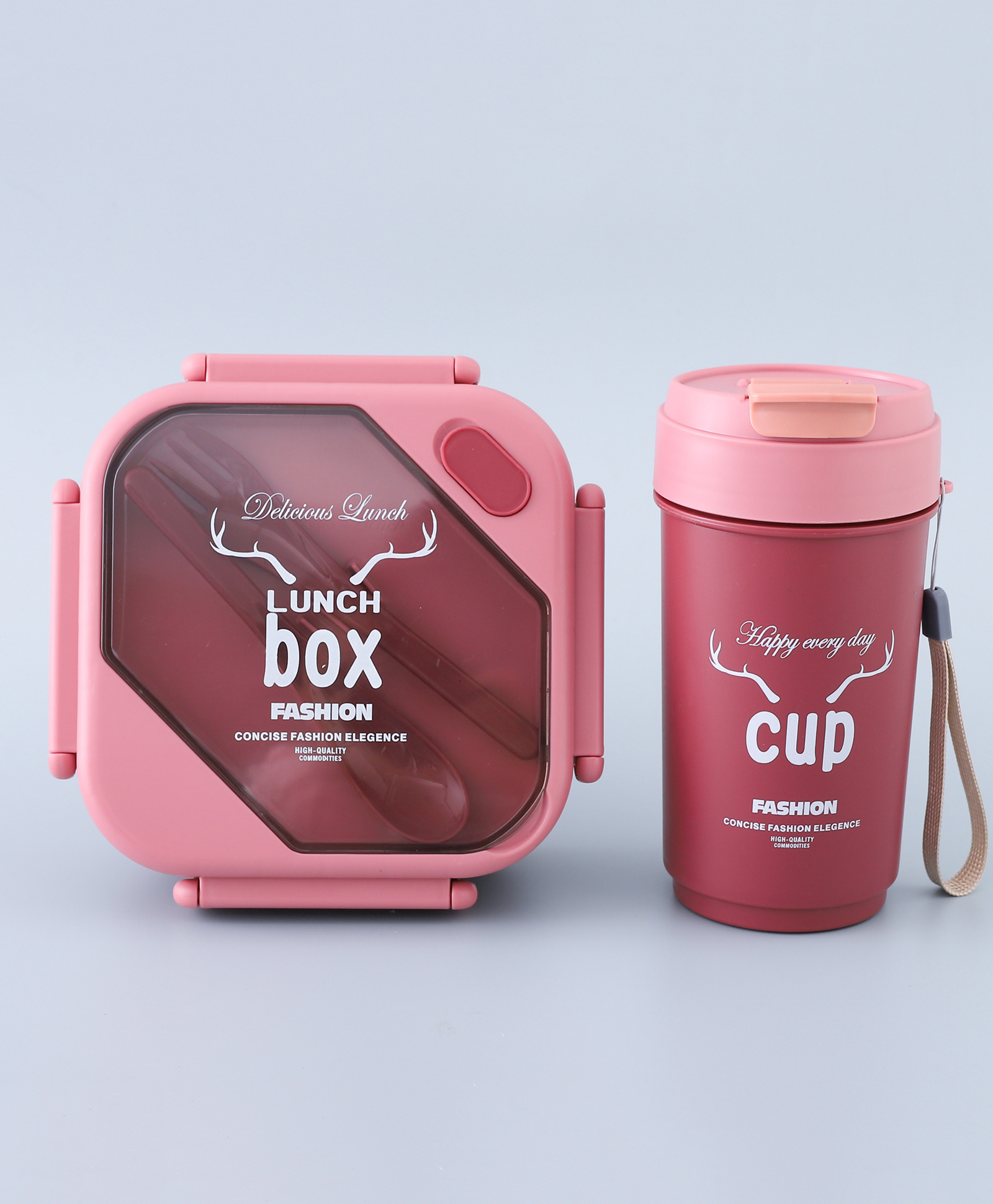 Antlers Printed Lunch Box Set with Water Bottle - Pink-image-38