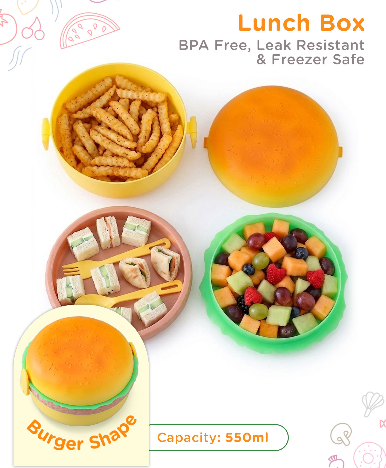 Burger Shape Lunch Box with Spoon- Yellow-image-3