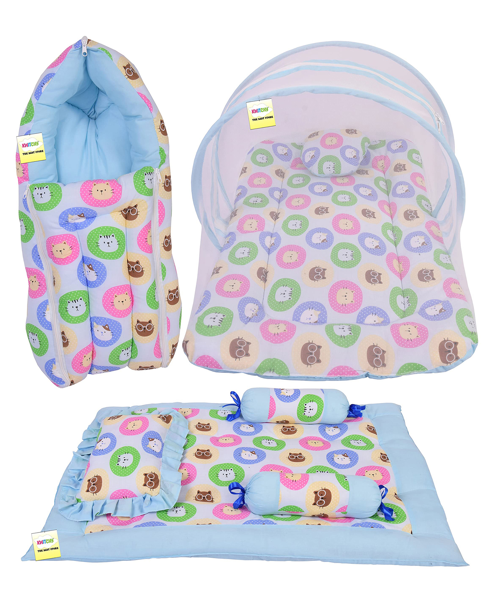 Kwitchy New Born Baby Bedding Combo of Mattress with Net Sleeping Bag 4 Pcs Gadda Set - Blue-picture-21