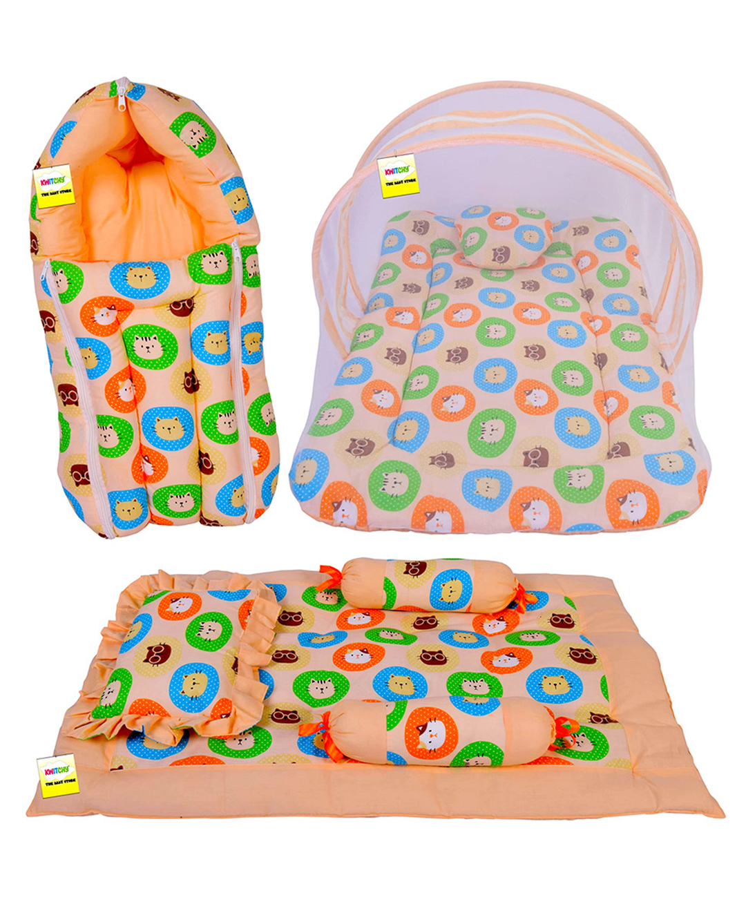 Kwitchy New Born Baby Bedding Combo of Mattress with Net Sleeping Bag 4 Pcs Gadda Set - Orange-picture-12