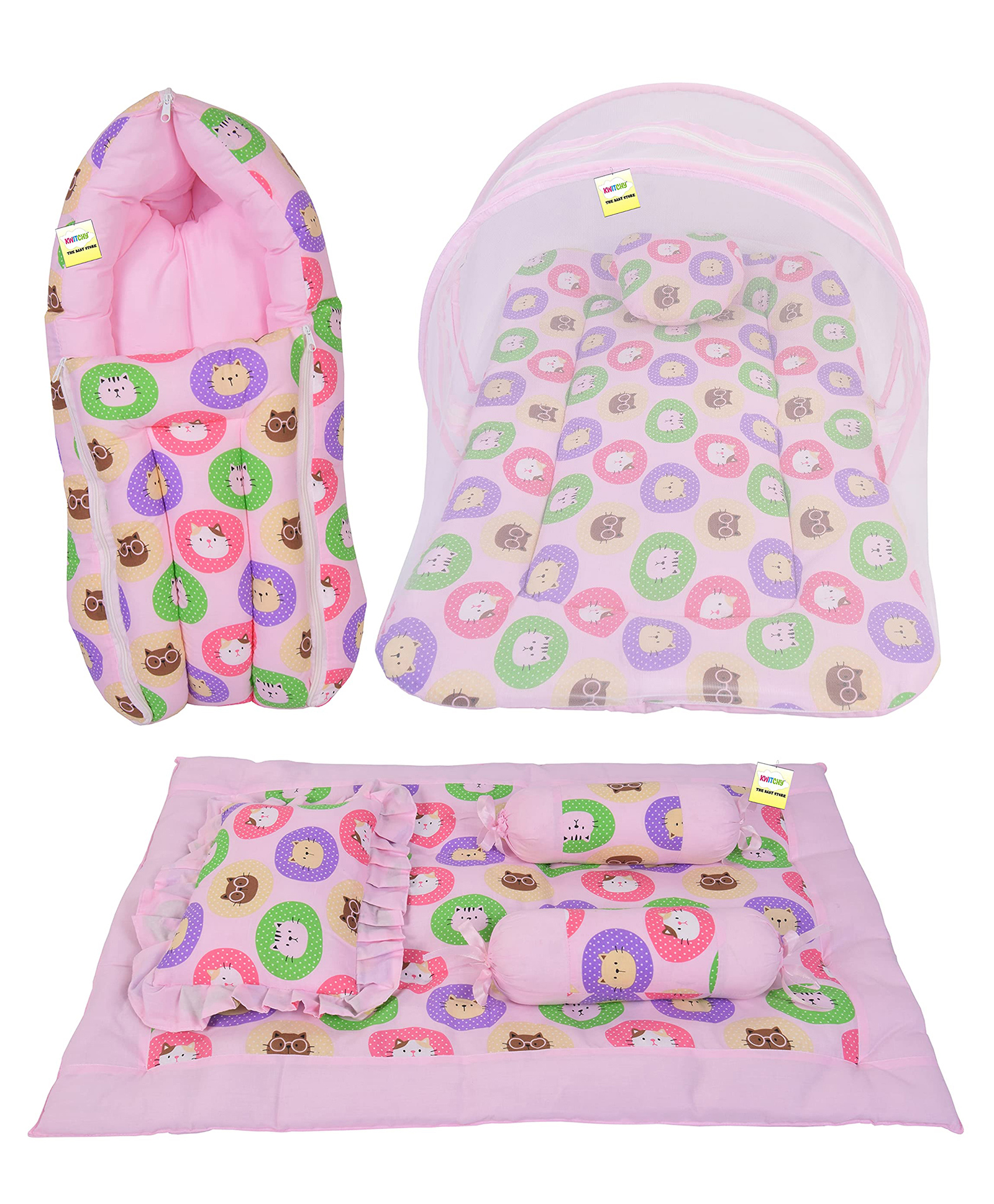 Kwitchy New Born Baby Bedding Combo of Mattress with Net Sleeping Bag 4 Pcs Gadda Set - Pink-picture-28