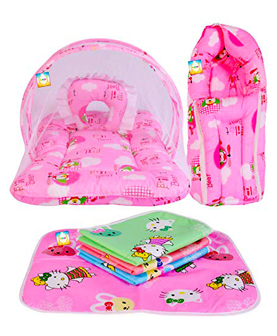 Kwitchy New Born Baby Bedding Set Combo Mattress with Net Sleeping Bag & Plastic Sheets - Pink-picture-26