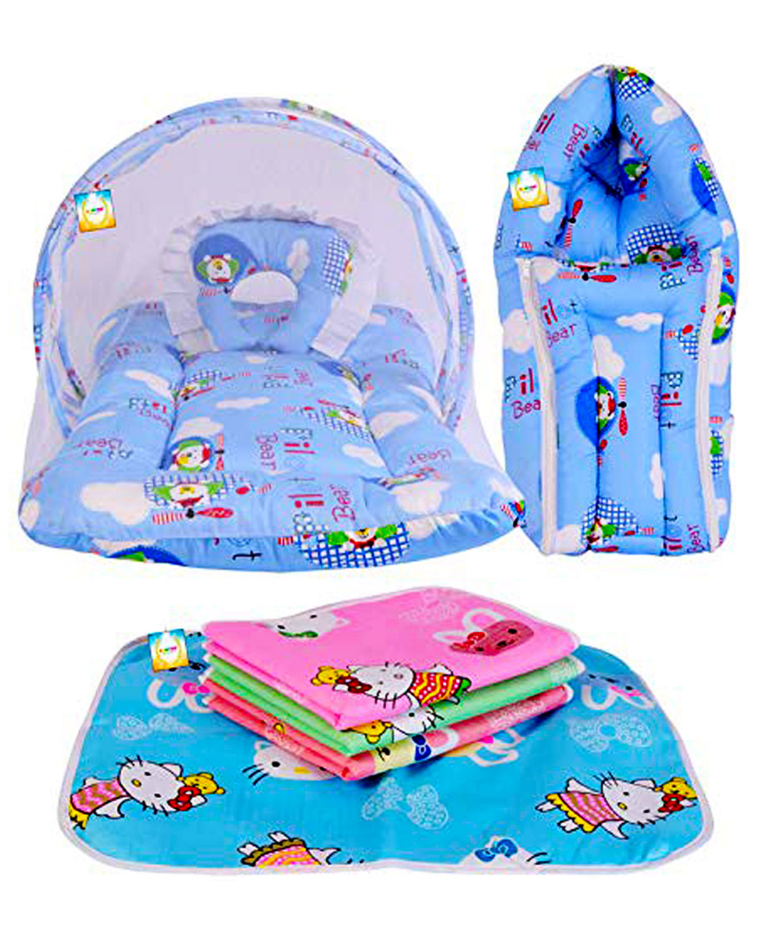 Kwitchy New Born Baby Bedding Set Combo Mattress with Net Sleeping Bag & Plastic Sheets - Blue-picture-28