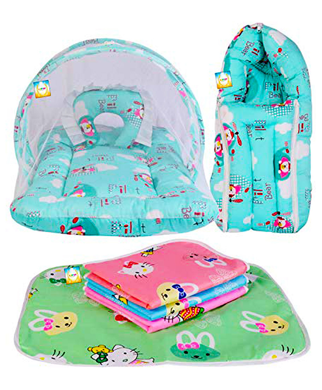Kwitchy New Born Baby Bedding Set Combo Mattress with Net Sleeping Bag & Plastic Sheets - Aqua Green-picture-25