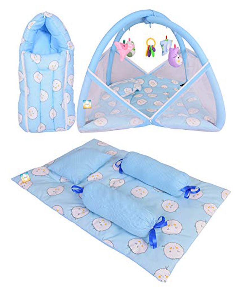 Kwitchy New Born Baby Bedding Set Combo of Mattress with Net Sleeping Bag & 4 Pcs Gaddi Set - Blue-image-49