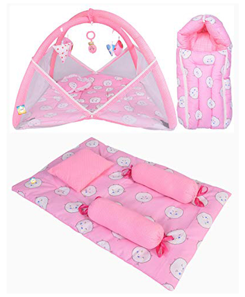 Kwitchy New Born Baby Bedding Set Combo of Mattress with Net Sleeping Bag & 4 Pcs Gaddi Set - Pink-picture-7