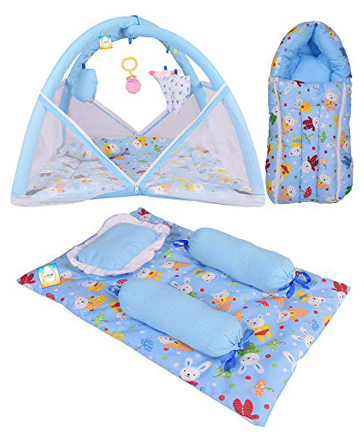 Kwitchy Baby Bedding Set New Born Mattress with Net Sleeping Bag & 4 Pcs Gaddi Set - Blue-picture-22