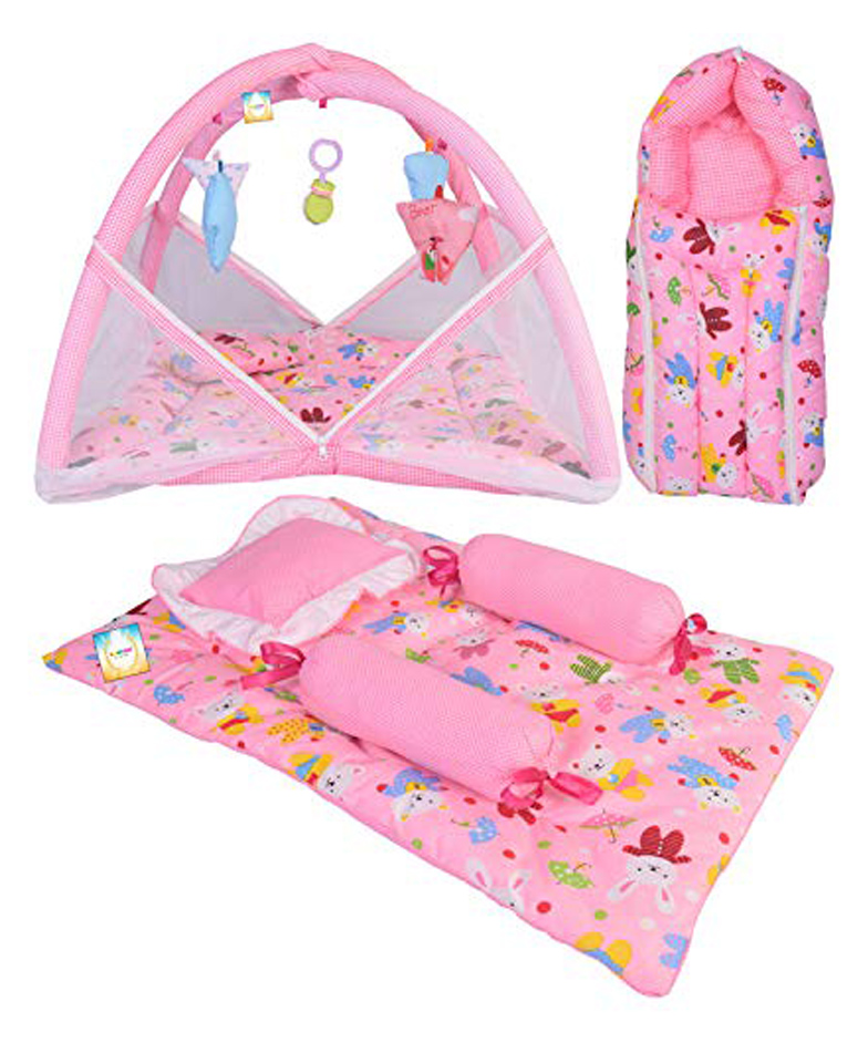 Kwitchy Baby Bedding Set New Born Mattress with Net Sleeping Bag & 4 Pcs Gaddi Set -Pink-image-11