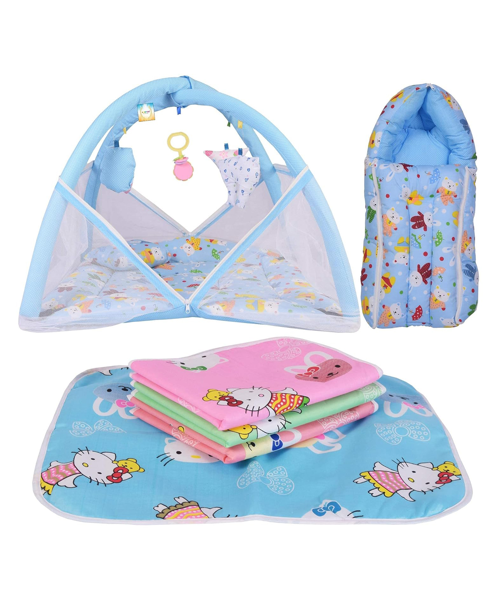 Kwitchy New Born Baby Sleeping Essential Combo of Mattress with Net Sleeping Bag Nappy Changing Mats Set - Blue-image-15