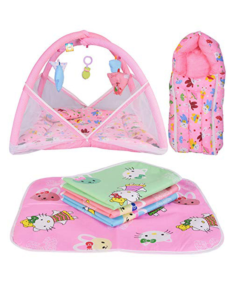 Kwitchy New Born Baby Sleeping Essential Combo of Mattress with Net Sleeping Bag Nappy Changing Mats Set - Pink-picture-26