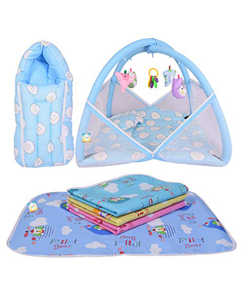 Kwitchy New Born Baby Sleeping Essential Combo of Mattress with Net Sleeping Bag Nappy Changing Mats Set - Blue-picture-27