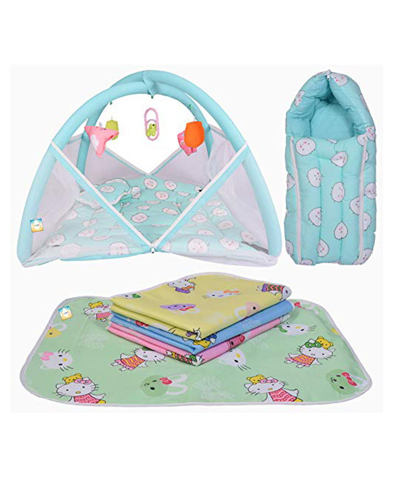 Kwitchy New Born Baby Sleeping Essential Combo of Mattress with Net Sleeping Bag Nappy Changing Mats Set - Green-picture-24