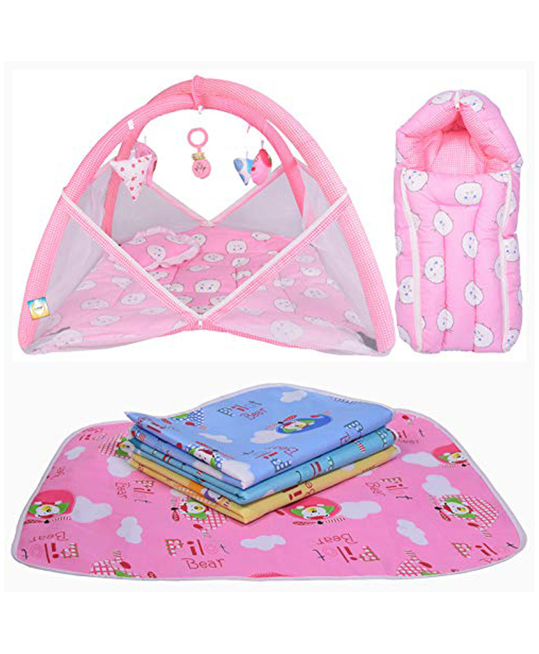Kwitchy New Born Baby Sleeping Essential Combo of Mattress with Net Sleeping Bag Nappy Changing Mats Set - Pink-picture-36