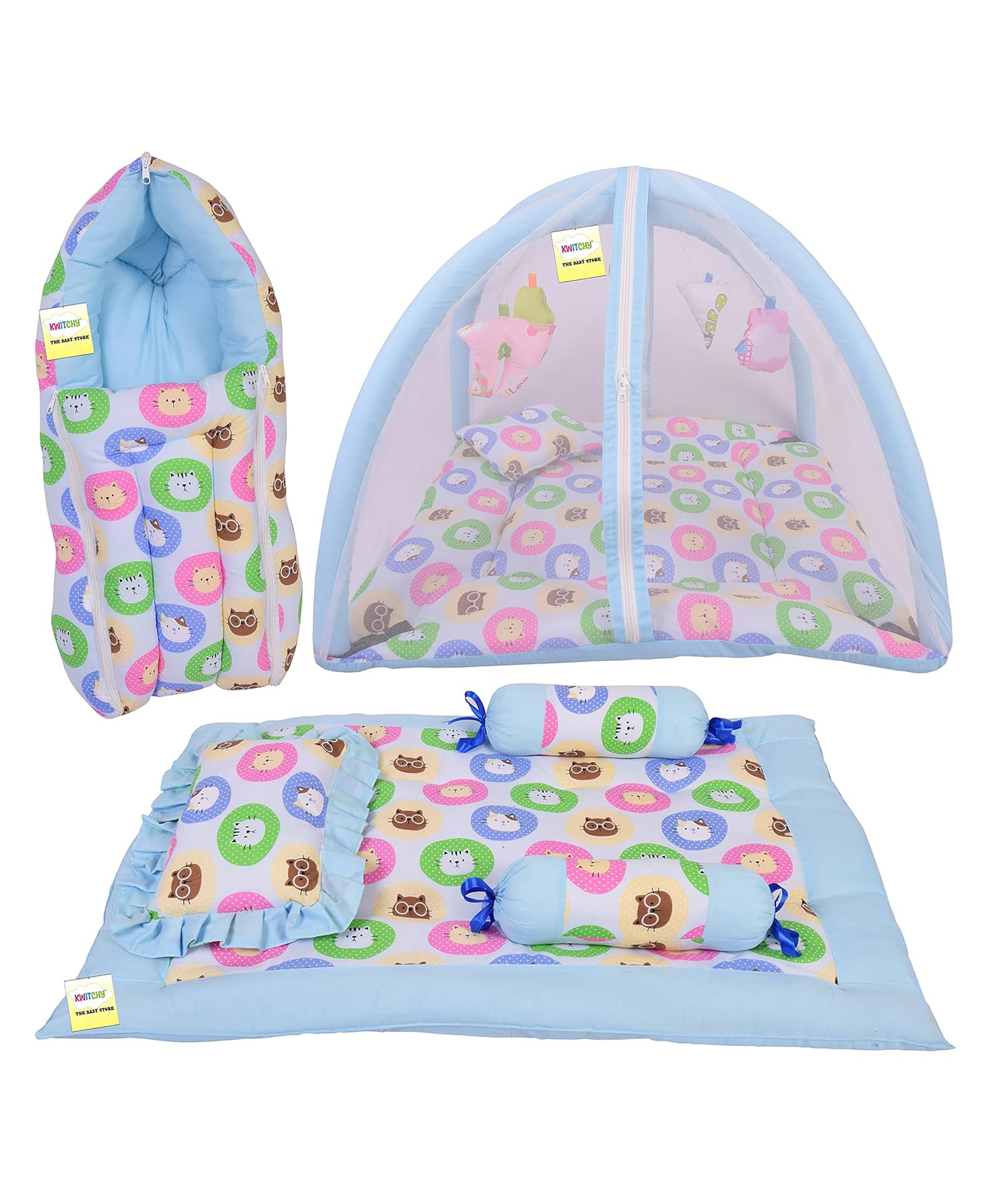 Kwitchy New Born Baby Bedding Combo of Mattress with Net Sleeping Bag 4 Pcs Gadda Set - Blue-picture-29