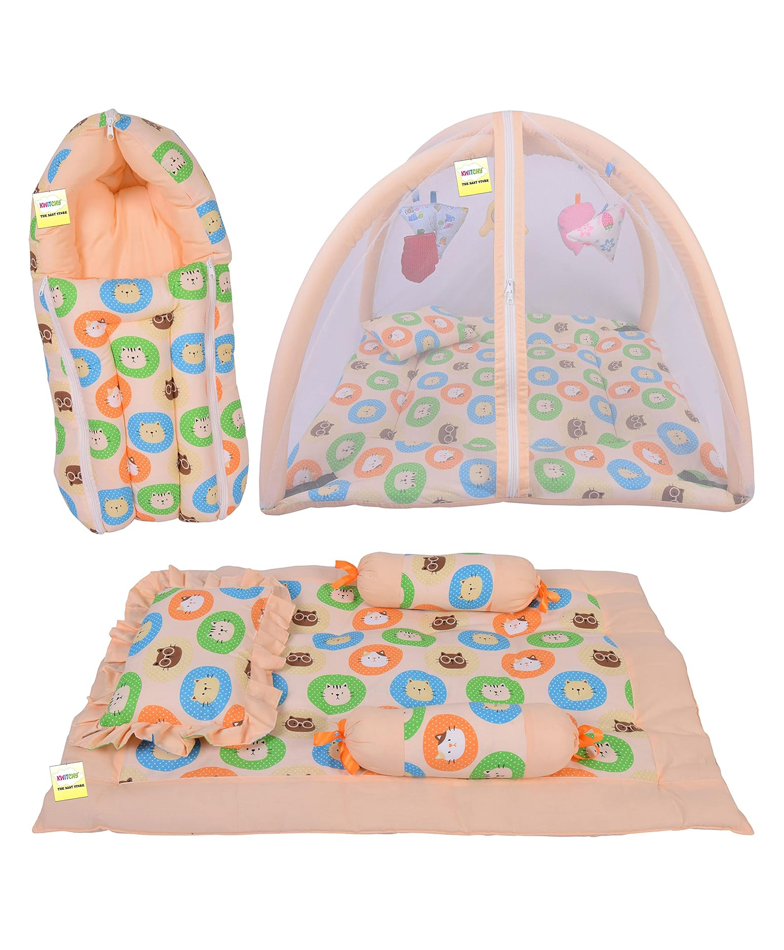 Kwitchy New Born Baby Bedding Combo of Mattress with Net Sleeping Bag 4 Pcs Gadda Set - Orange-picture-20