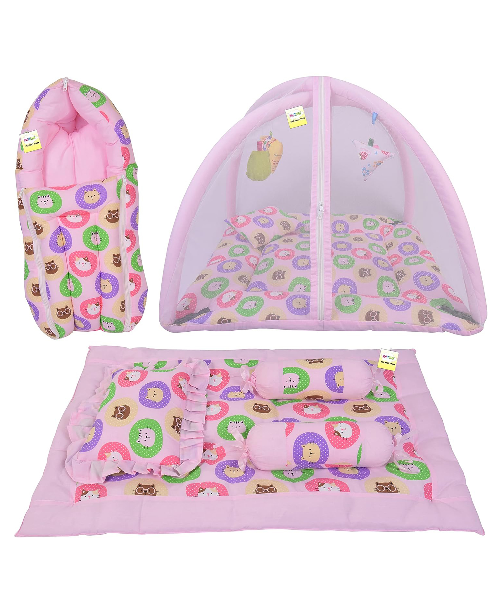Kwitchy New Born Baby Bedding Combo of Mattress with Net Sleeping Bag 4 Pcs Gadda Set - Pink-image-19