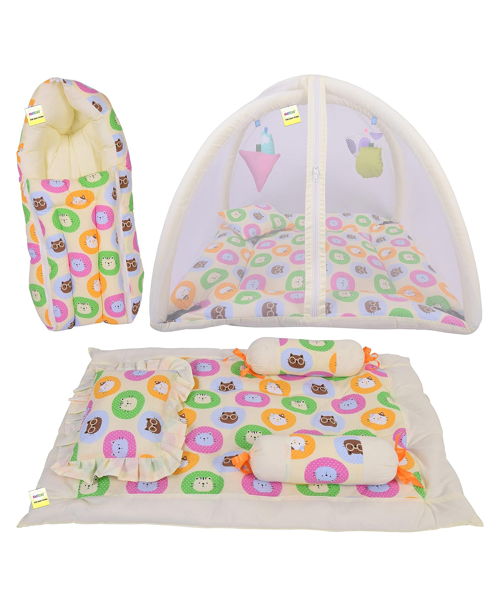Kwitchy New Born Baby Bedding Combo of Mattress with Net Sleeping Bag 4 Pcs Gadda Set - Yellow-image-35