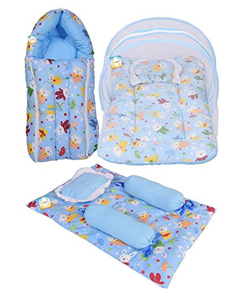 Kwitchy Combo of Baby Mattress with Net Sleeping Bag 4 Pcs Bedding Set - Blue-picture-17