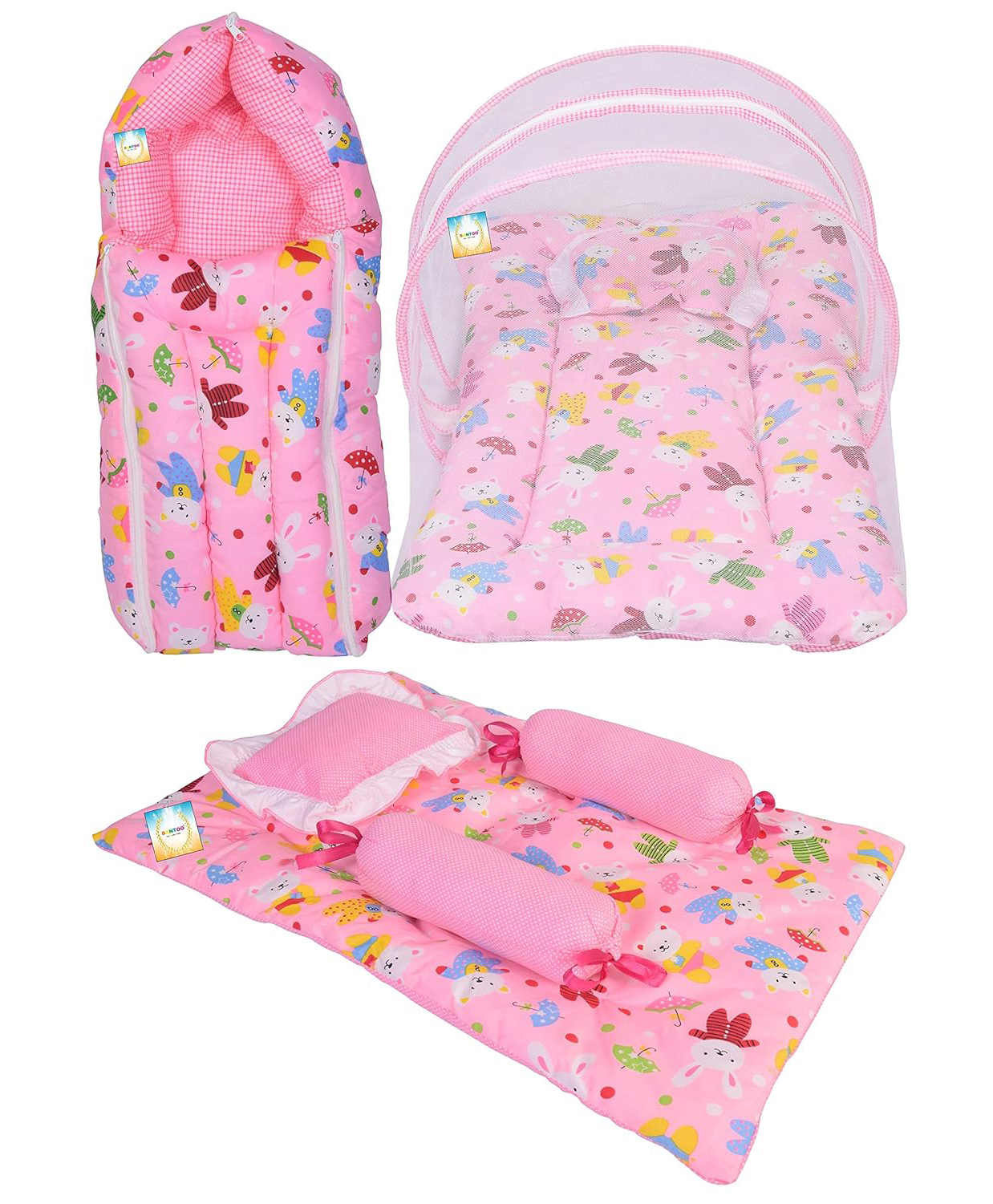 Kwitchy Combo of Baby Mattress with Net Sleeping Bag 4 Pcs Bedding Set - Pink-image-6