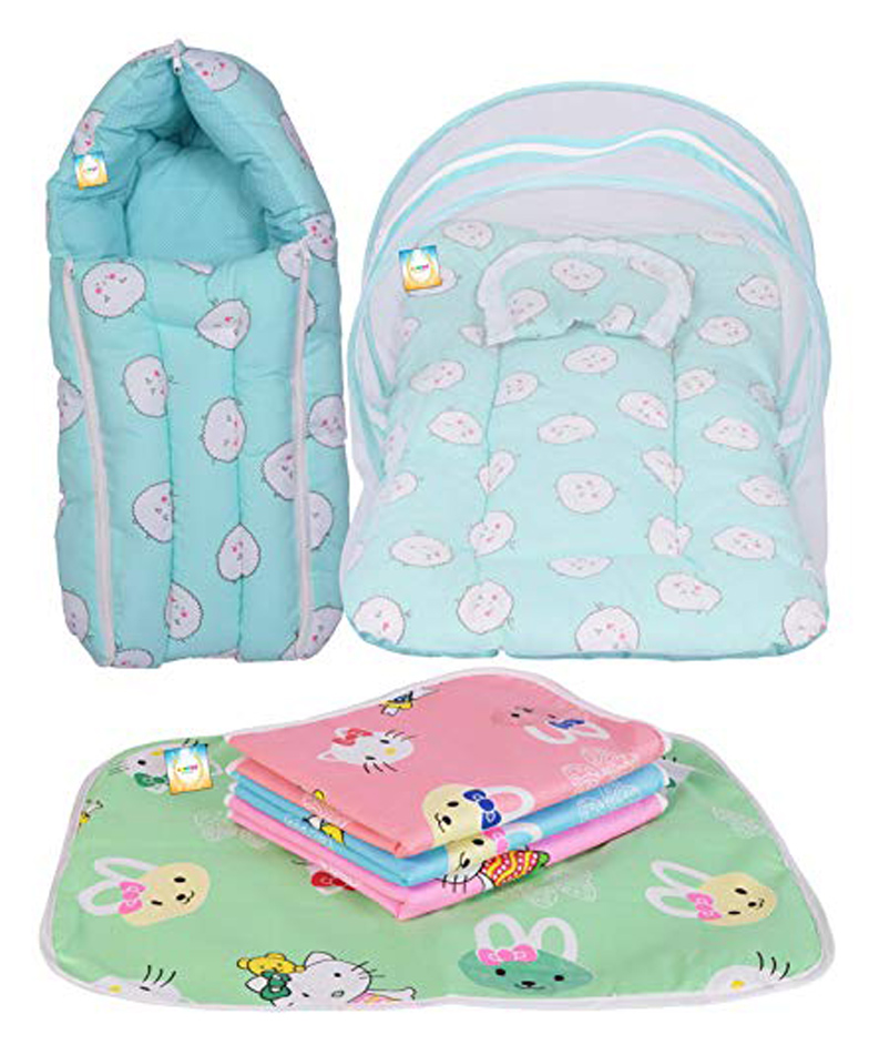 Kwitchy New Born Baby Bedding Set Gift Combo Pack of Net Bed Sleeping Bag & Plastic Sheets - Aqua Green-picture-13