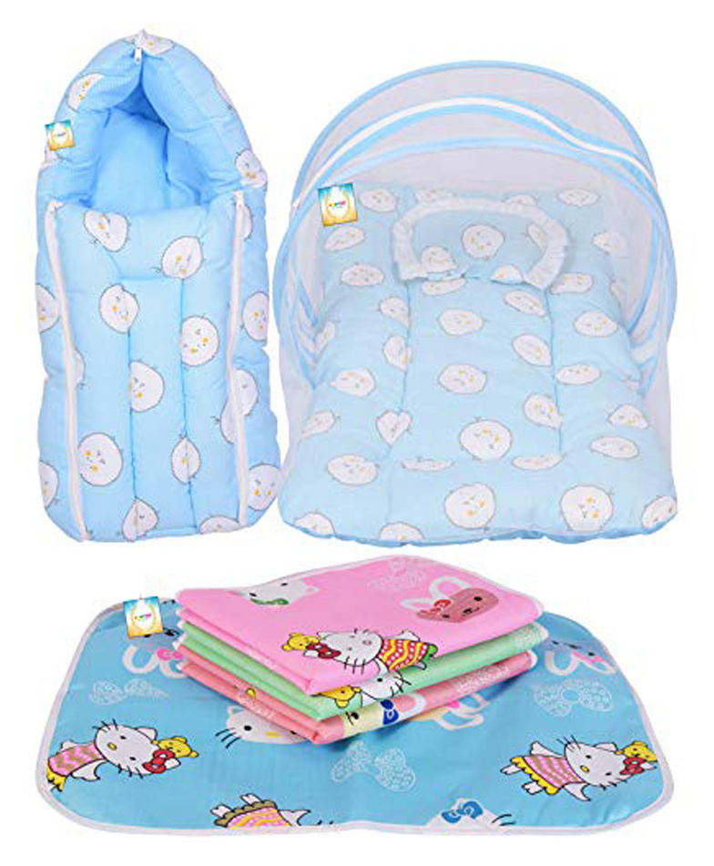 Kwitchy New Born Baby Bedding Set Gift Combo Pack of Net Bed Sleeping Bag & Plastic Sheets - Blue-picture-19