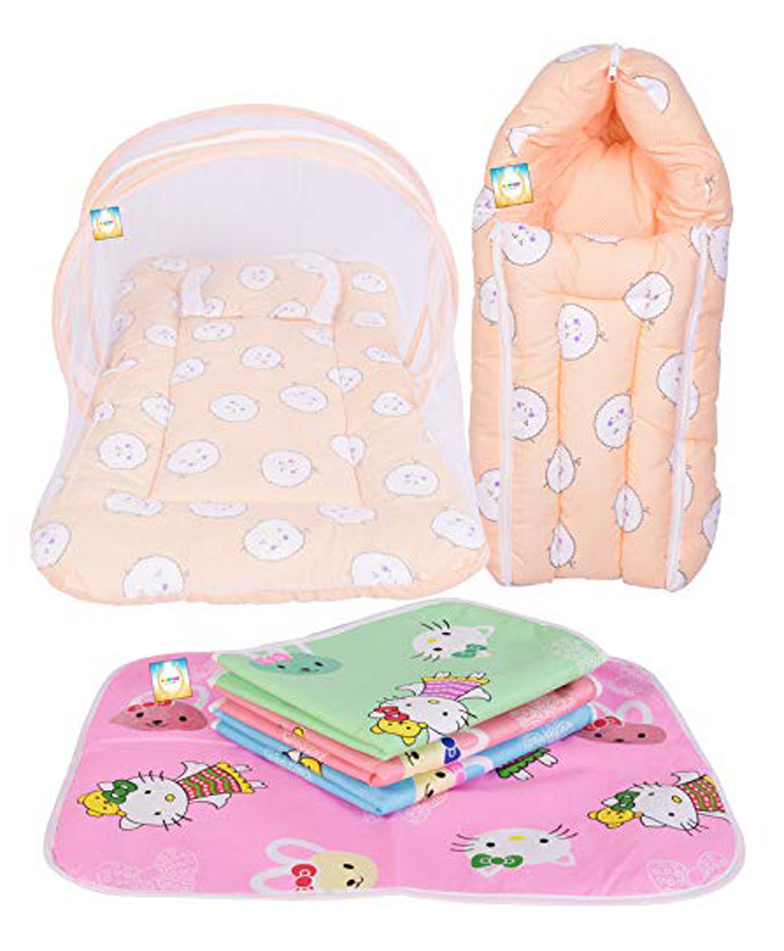 Kwitchy New Born Baby Bedding Set Gift Combo Pack of Net Bed Sleeping Bag & Plastic Sheets - Orange-picture-15