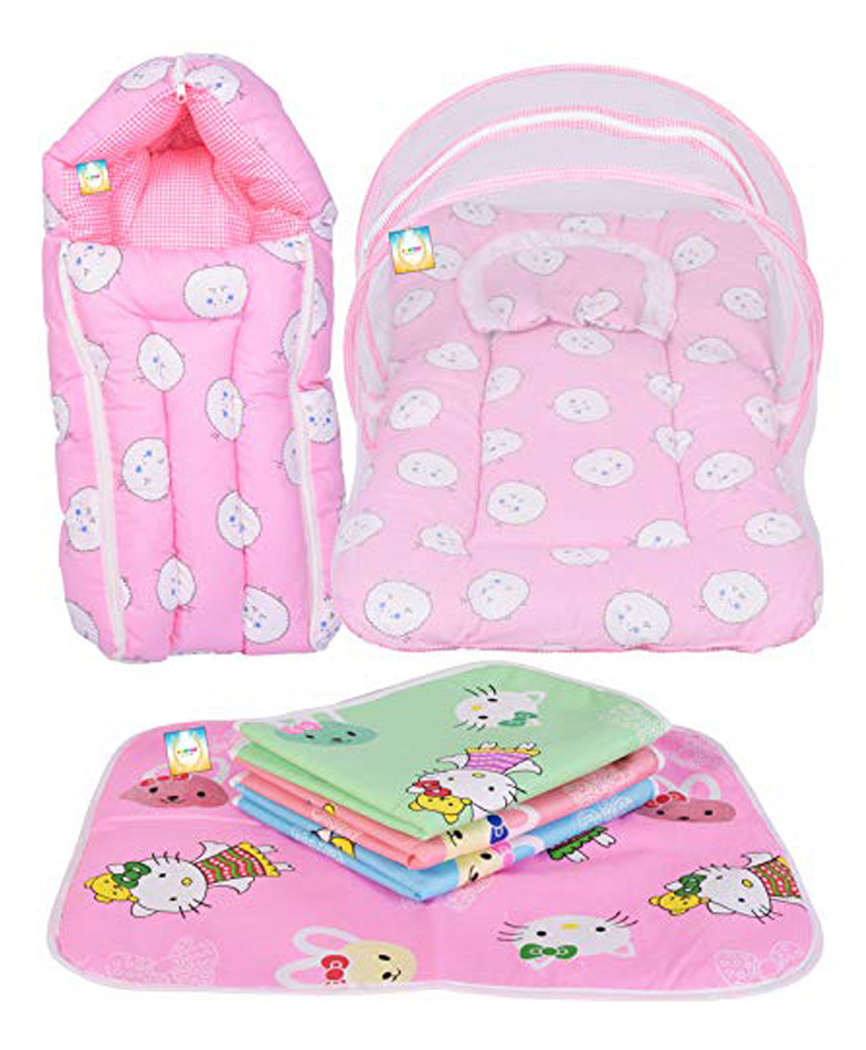 Kwitchy New Born Baby Bedding Set Gift Combo Pack of Net Bed Sleeping Bag & Plastic Sheets - Pink-image-21
