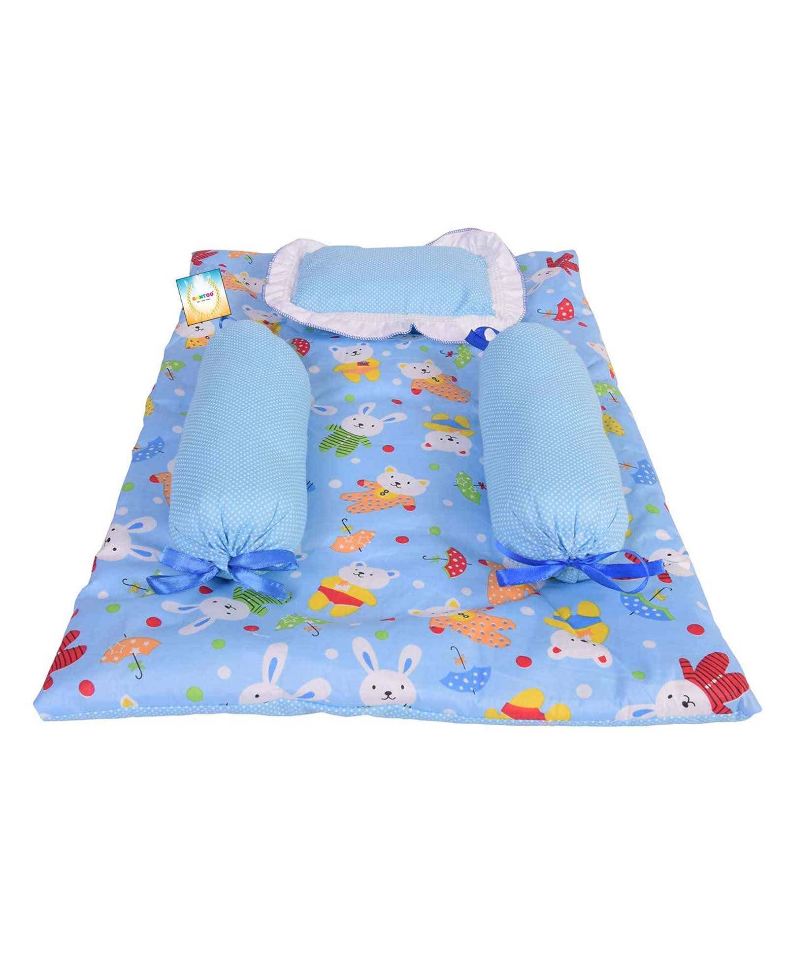 Kwitchy New Born Baby Bedding Gaddi Set Cotton Sleeping Mattress with Pillow & Side Bolster - Blue-picture-10