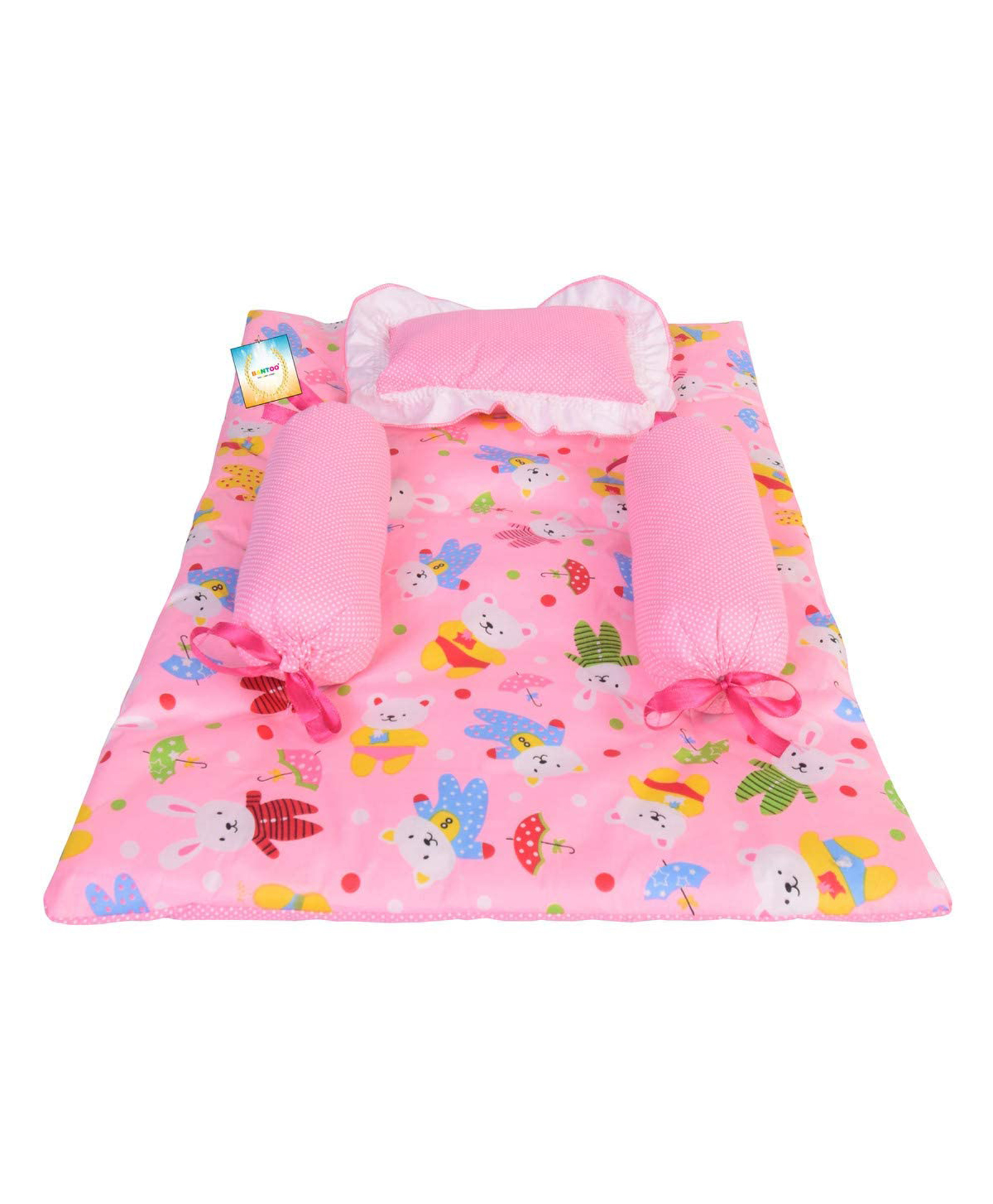 Kwitchy New Born Baby Bedding Gaddi Set Cotton Sleeping Mattress with Pillow & Side Bolster - Pink-picture-14