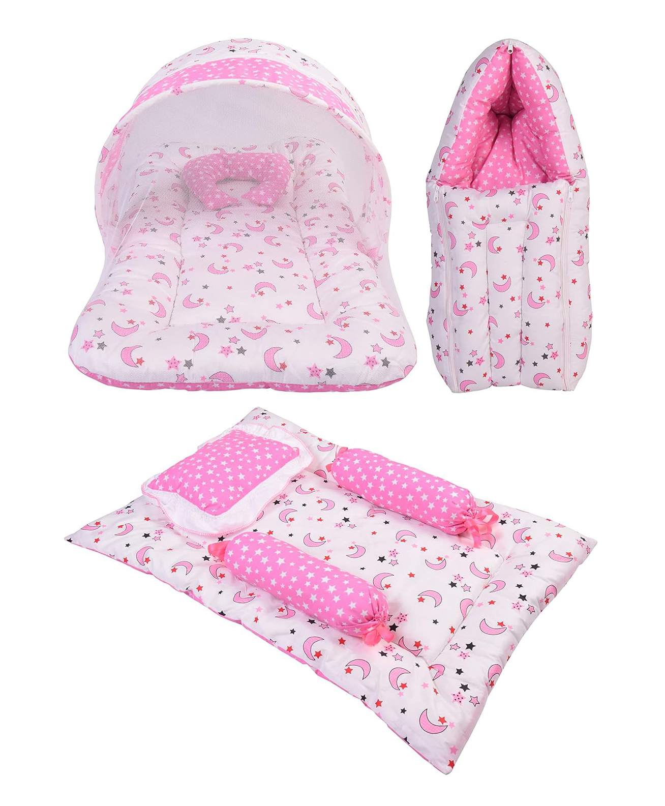 Toddylon Combo of Baby Bed with Net Carry Bag 4 Pcs Bedding Set- Pink-image-7