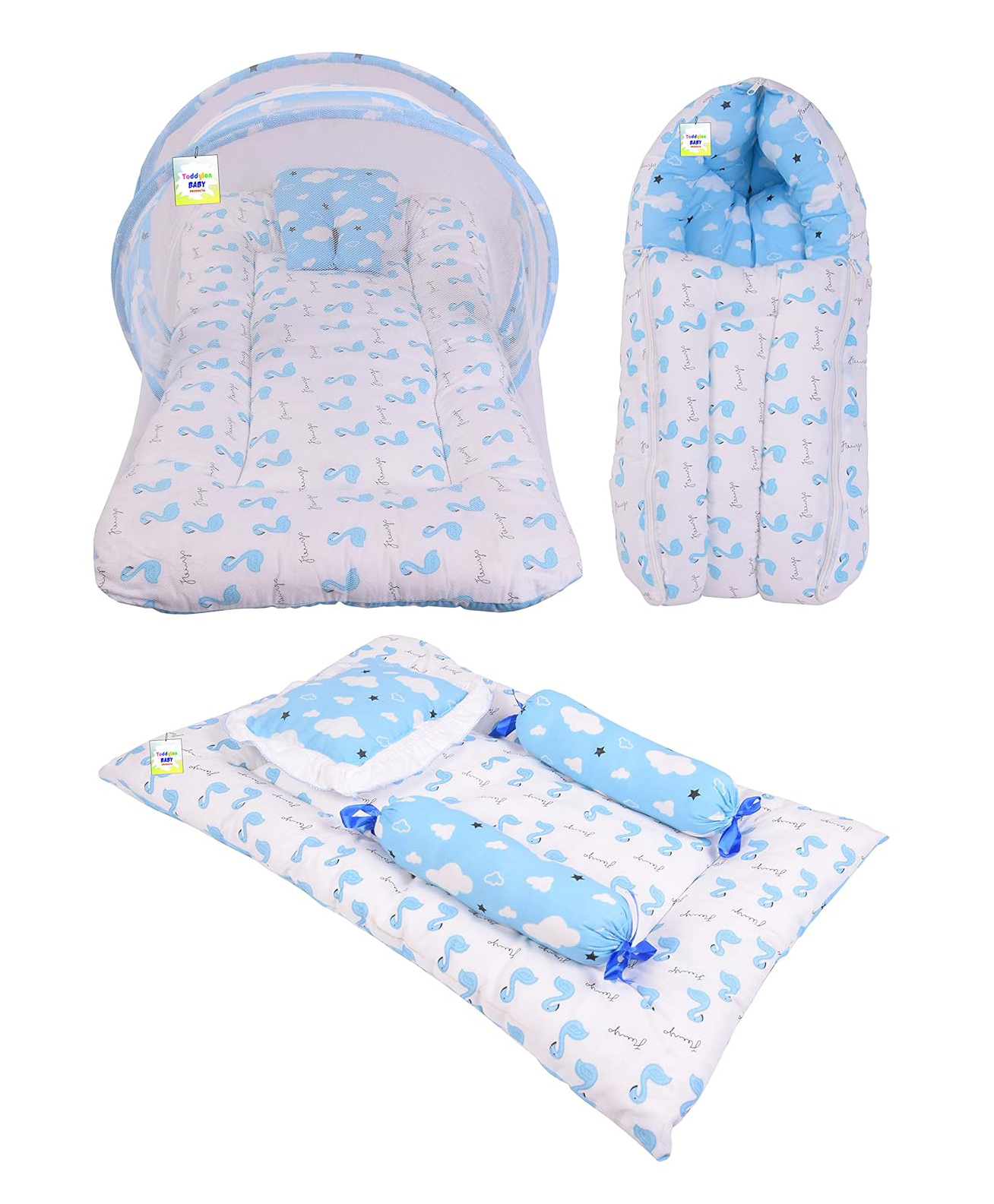 Toddylon Baby Bedding Combo Mattress with Net Sleeping Bag 4 Pcs Gaddi Set - Blue-picture-17