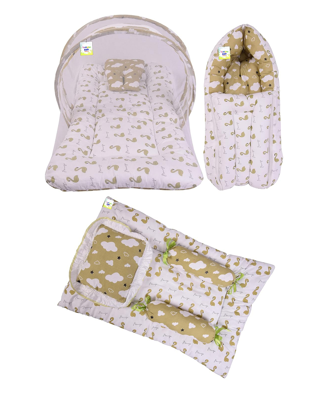 Toddylon Baby Bedding Combo Mattress with Net Sleeping Bag 4 Pcs Gaddi Set - Green-picture-15