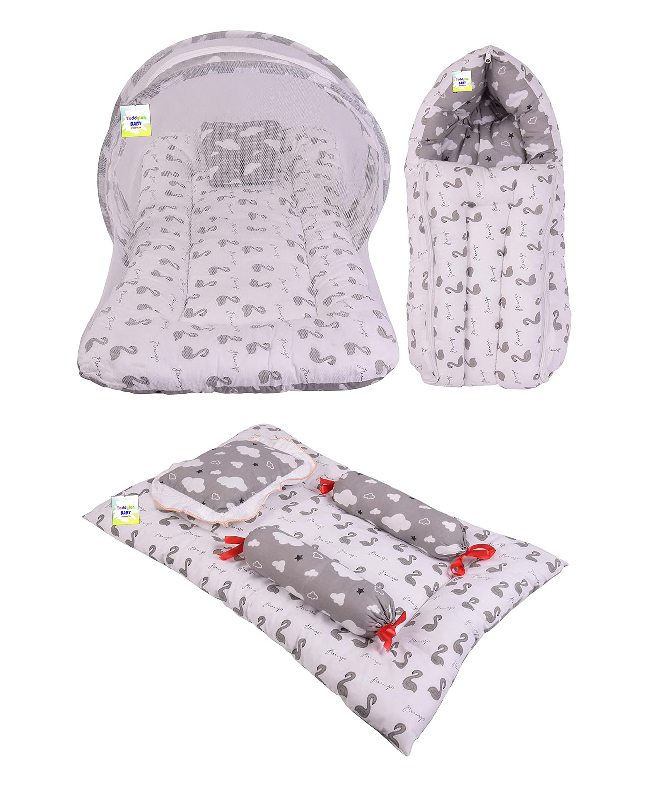 Toddylon Baby Bedding Combo Mattress with Net Sleeping Bag 4 Pcs Gaddi Set - Grey-picture-18