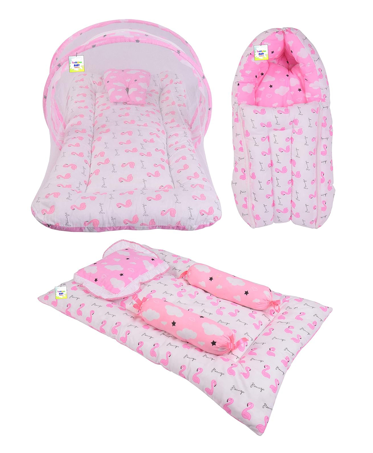 Toddylon Baby Bedding Combo Mattress with Net Sleeping Bag 4 Pcs Gaddi Set - Pink-picture-16