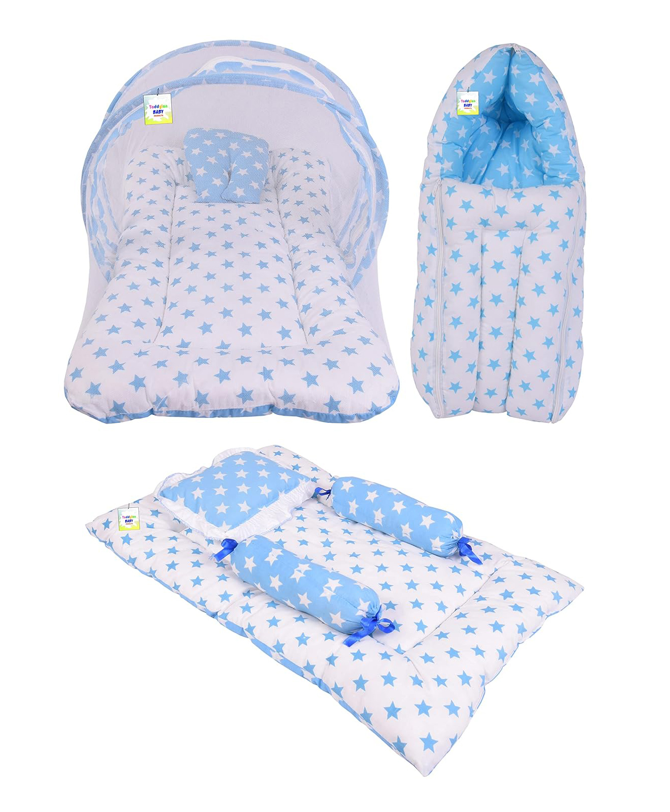 Toddylon Baby Mattress with Net New Born Sleeping Bag & 4 Pcs Gaddi Set - Blue-picture-12